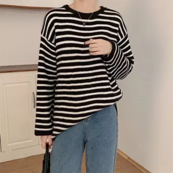 Пуловер женский в полоску, повседневный Свободный Вязаный топ в Корейском стиле, джемпер в стиле оверсайз, черно-белый, Осень-зима