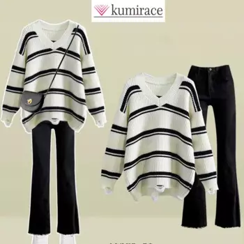 Пуловер женский вязаный в полоску, с V-образным вырезом