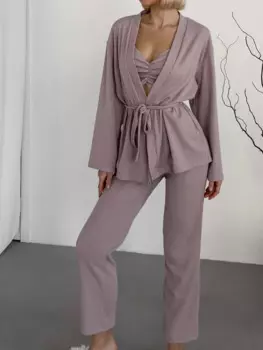Пурпурная Пижама Linad для женщин, комплект из 3 предметов, трикотажная пижама с длинным рукавом, женский бюстгальтер, повседневные брючные костюмы, осенняя Домашняя одежда 2024