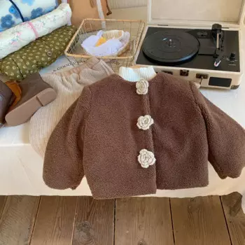 Пушистая флисовая куртка из ягненка для детей, однотонная однобортная свободная теплая кардиган с круглым вырезом, коричневая Детская осенняя верхняя одежда, куртки 2023