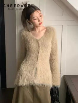 Пушистый мохеровый кардиган CHEERART цвета хаки, Женский пушистый дизайнерский длинный кардиган с V-образным вырезом, пуговицами и расклешенными рукавами, корейская модная трикотажная одежда