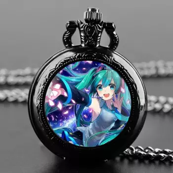 японским аніме Miku, кварцевые карманные часы со стеклянным куполом для женщин и мужчин, черное ожерелье, уникальный кулон, часы-цепочка, подарочные аксессуары