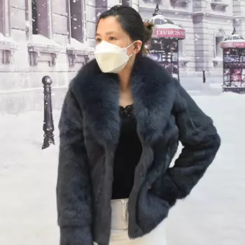 QUEENTINA Модное зимнее пальто из натурального кроличьего меха с большим воротником из лисьего меха, толстая Осенняя теплая куртка, женская одежда