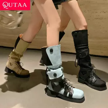 QUTAA/2024 г. Модные женские сапоги до колена с круглым носком джинсовые сапоги в западном стиле на среднем каблуке элегантная осенне-зимняя Офисная Женская обувь, размер 34-39