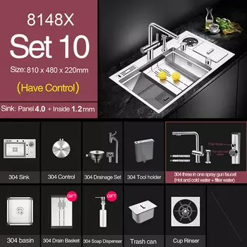 Раковина кухонная ручной работы ASRAS SUS 304 с держателем для ножей и мусорным баком