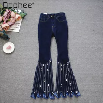 Расклешенные брюки в стиле ретро со стразами для женщин, весенне-осенние утягивающие джинсы с нерегулярным подолом и кисточками, высокой талией, брюки для тяжелой промышленности