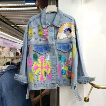 Разноцветная джинсовая куртка с заклепками и граффити, женская свободная короткая ковбойская верхняя одежда, уличная одежда, джинсовая куртка с большим карманом, женская