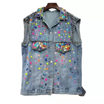 Разноцветный джинсовый жилет с заклепками и бриллиантами, женский повседневный свободный ковбойский жилет средней длины, винтажный синий джинсовый жилет без рукавов, женская куртка