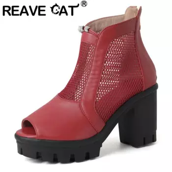 REAVE CAT 2024 Летние ботильоны с открытым носком на массивном каблуке 9 см на платформе 2 см с дышащей сеткой, большой размер 42 43 Fashion Bota