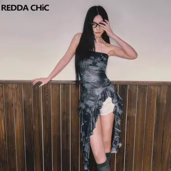 REDDACHiC Асимметричный лоскутный корсет с оборками Топ для женщин Ретро черная сетка с завязкой E-girl Тонкий Топ без бретелек одежда для гранж Y2k