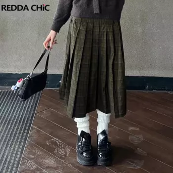 REDDACHiC классическая клетчатая длинная юбка-миди женская ретро коричневая клетчатая хлопковая драпированная плиссированная юбка трапециевидной формы с высокой посадкой школьная форма