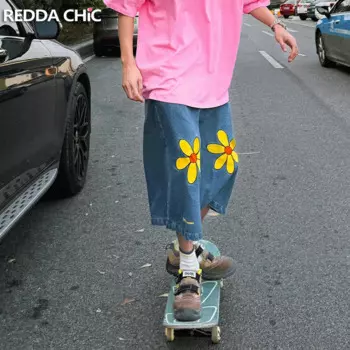 ReddaChic, летние джинсовые шорты с низкой посадкой, мужские мешковатые джинсы с эстетическим принтом и цветочным принтом, повседневные широкие брюки, корейская уличная одежда