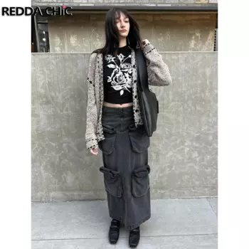 REDDACHiC Потертая юбка-карго с разрезом на молнии Женская серая джинсовая юбка в стиле ретро с несколькими карманами Длинная джинсовая юбка Harajuku Alt Techwear