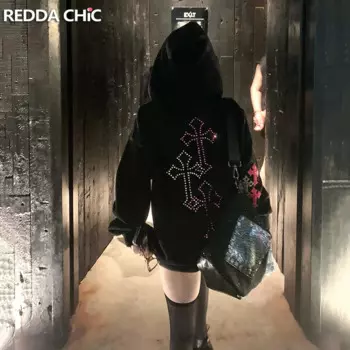 ReddaChic, пушистая флисовая толстовка из шерпа, женская теплая зимняя толстовка с длинными карманами и бриллиантами, топ оверсайз, винтажная одежда