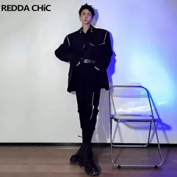 REDDACHIC Рваные прямые джинсы на молнии, мужские брюки в стиле панк, хип-хоп, разрушенные узкие эластичные брюки-карандаш, уличная одежда в стиле Харадзюку