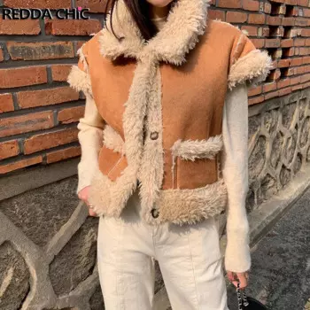 ReddaChic теплый замшевый жилет из шерпа, женская водолазка на пуговицах, куртка без рукавов на флисовой подкладке, винтажная зимняя верхняя одежда