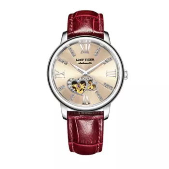 Reef Tiger RGA1580 Австрийский кристалл с полым циферблатом Женские автоматические механические наручные часы с кожаным ремешком - серебро