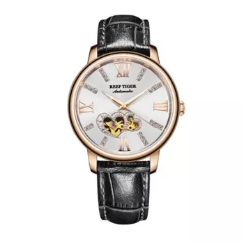 Reef Tiger RGA1580 Роскошные австрийские кристаллы с полым циферблатом, женские автоматические механические наручные часы с кожаным ремешком - золото