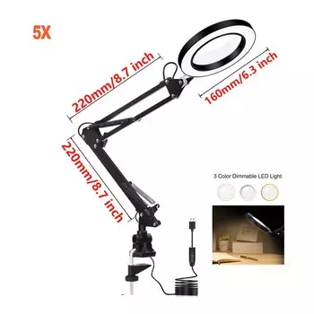 Регулируемое настольное увеличительное стекло с зажимом 5X со светодиодной подсветкой 72 SMD, 3 цветных режима плавной регулировки яркости, настольная лампа, лупа для чтения
