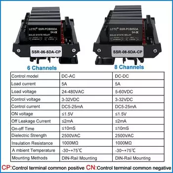 Релейный модуль LCTC SSR, 6/8 каналов, обычное положительное/универсальное реле, установленное на DIN, твердотельное реле постоянного тока в постоянный ток 5A, 24 В постоянного тока