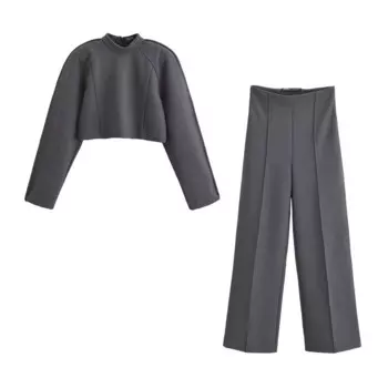 Ретро повседневный модный женский костюм, однотонный, с длинным рукавом, круглым вырезом, на молнии, короткий топ, свободные брюки, новый осенний костюм 2024, TRAF