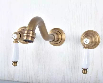 Ретро винтажный античный латунный настенный кронштейн с двумя ручками с 3 отверстиями широкий смеситель для ванной комнаты туалетной комнаты смеситель для раковины Смеситель dsf509