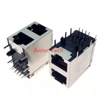 RJ45 2x1 2*1 Стек 2 порта экранированный модульный 59 PCB двухслойный разъем 8P8C прямоугольный сквозное отверстие сетевой разъем боковой вход
