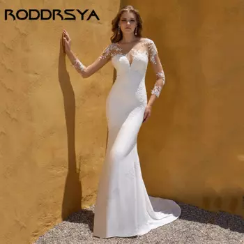 RODDRSYA атласное свадебное платье Русалка с длинным рукавом Прозрачная спина с пуговицами халат для невесты с круглым вырезом аппликация платья невесты на заказRODDRSYA Свадебное платье Русалка с длинными рукавами с з