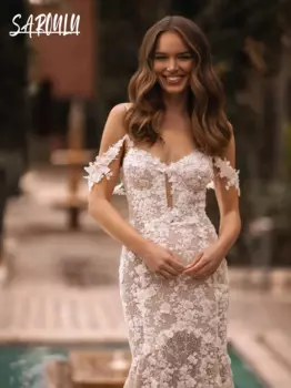 Романтическое свадебное платье русалки с цветочным принтом, модное жемчужное милое женское свадебное платье на молнии сзади, изящное кружевное платье по индивидуальному заказу