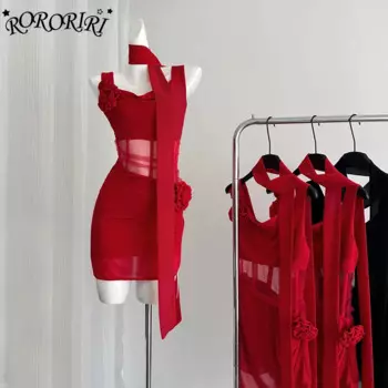 RORORIRI, романтическая брошь в виде Розы, мини-платье-майка, Женский драпированный воротник, однотонная Лоскутная сетчатая Прозрачная Тонкая облегающая одежда, летняя одежда
