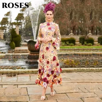 ROSES Пасторальные вечерние платья в китайском стиле для женщин, платье для выпускного вечера с вышивкой и цветами, шифоновое бальное платье с расклешенными рукавами до щиколотки