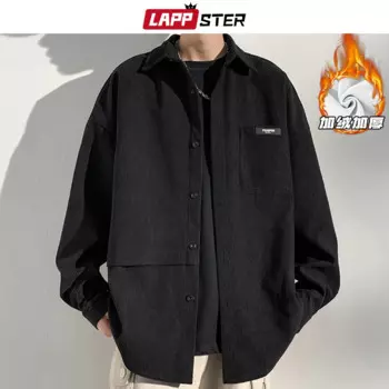 Роскошная фланелевая рубашка LAPPSTER, Мужская корейская модная Толстая черная рубашка на пуговицах, зимняя мужская Вельветовая теплая рубашка в стиле Харадзюку