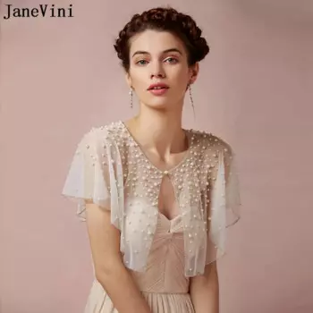 Роскошная Свадебная шаль с жемчугом и болеро jaevini, свадебная накидка из тюля, женская накидка с коротким спереди и длинной спинкой, вечерние аксессуары