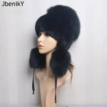Роскошная женская осенне-зимняя вязаная шапка-бомбер из норки Толстая женская уличная теплая ветрозащитная шапка-ушанка с пушистым помпоном для охоты на лыжах и снегу