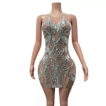 Роскошное блестящее женское Короткое серебряное платье без рукавов для празднования дня рождения, вечеринки, сценический костюм певицы Tianqiao