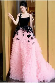 Роскошное розовое и черное бальное платье с оборками для двора, плиссированное длинное платье в стиле феи, ярких цветов