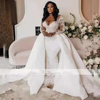 Роскошное свадебное платье-Русалка со съемным шлейфом и V-образным вырезом, винтажное свадебное платье русалки с длинным рукавом, Vestidos De Novias 2024