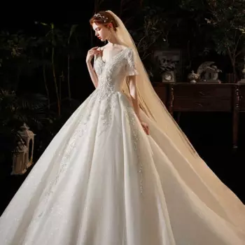 Роскошное ТРАПЕЦИЕВИДНОЕ женское свадебное платье с V-образным вырезом и коротким рукавом, свадебное платье с блестящими стразами, женское платье