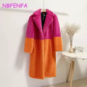 Роскошное зимнее длинное пальто NBFENFA, Женское пальто большого размера из искусственного меха, куртка с цветными блоками, женская верхняя одежда стандартного размера, плюшевые меховые пальто