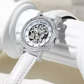Роскошные автоматические механические часы для женщин, элегантные часы-скелетоны, подарки, водонепроницаемые Модные трендовые женские часы с белым кожаным ремешком