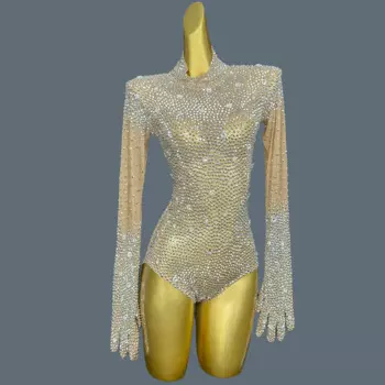 Роскошные бриллиантовые перчатки, пикантное Сетчатое боди из асикота, праздничное вечернее платье, костюм для ночного клуба, певицы, выступления, Shizuan