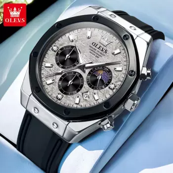 Роскошные кварцевые часы OLEVS для мужчин, силиконовый ремешок, хронограф с фазой Луны, водонепроницаемые мужские спортивные наручные часы 2024