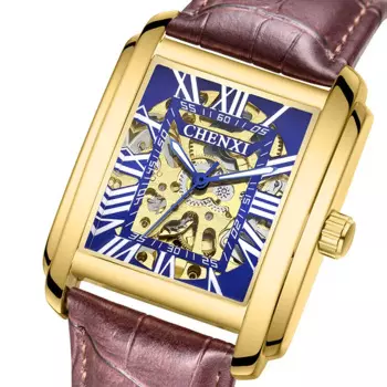 Роскошные Мужские автоматические механические часы золотистого и синего цвета с уникальным полым прямоугольным циферблатом, повседневные мужские наручные часы с ремешком из натуральной кожи