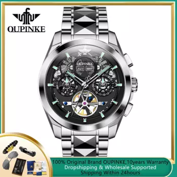 Роскошные мужские часы OUPINKE, каркас из вольфрамовой стали, автоматические механические часы с вырезами для мужчин, водонепроницаемые мужские наручные часы 5 бар