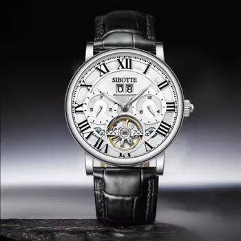 Роскошные мужские часы SIBOTTE, автоматические часы из нержавеющей стали, многофункциональные механические часы с турбийоном, водонепроницаемые часы с кожаным ремешком