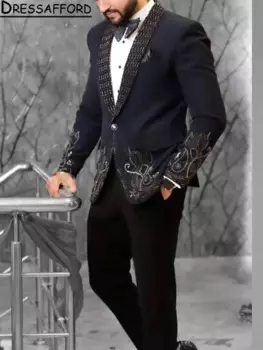 Роскошные мужские черные костюмы ручной работы с бисером и кристаллами, мужской блейзер (пиджак + брюки) из двух частей