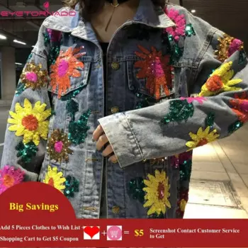 Роскошные Подсолнухи с блестками повседневное свободное джинсовое платье куртка модная Женская Осенняя шикарная уличная короткая джинсовая куртка-бомбер