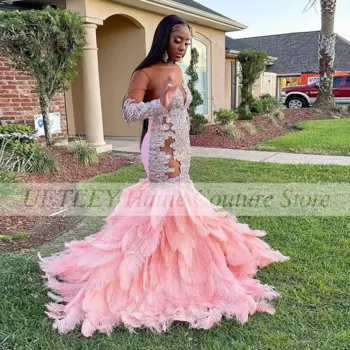 Роскошные розовые платья русалки для выпускного вечера 2022 для черной девушки с блестками и перьями с длинным рукавом строгое вечернее платье