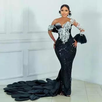 Роскошные сексуальные платья для выпускного вечера с прозрачным вырезом Африканские женские вечерние платья с длинными рукавами и кисточками с длинным шлейфом Вечернее платье русалки