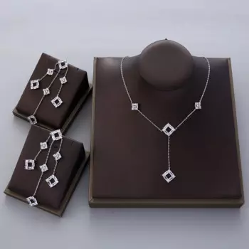 Роскошные свадебные комплекты ювелирных изделий из циркония для женщин Набор из квадратного ожерелья с кисточками серьги из Дубая с фианитами Свадебные украшения N0595